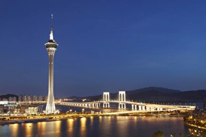 Macau Prints: Macau Tower and Sai Van bridge at dusk, Macau, China, Asia