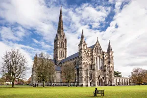 Medium Group Of People Prints: The magnificent Salisbury cathedral, Salisbury, Wiltshire, England, United Kingdom