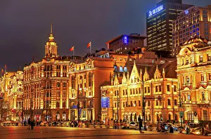 Romance Prints: Magnificent view of brightly lit heritage buildings along the Bund at night