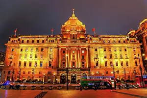 Nightlife Prints: Magnificent view of brightly lit heritage buildings along the Bund at night