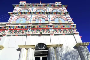 Bright Prints: Maheswarnath Mandir Hindu Temple features colorful decorations and carvings in Trou-aux-Biches