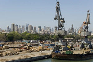 Crane Prints: Main docks with the high-rises of the city centre beyond, Mumbai, India, Asia