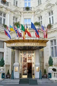 Main entrance of luxury Grandhotel Pupp in the spa town of Karlovy Vary