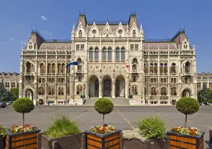 Parliament Building Prints: Main entrance to the neo-gothic Hungarian Parliament building, designed by Imre Steindl