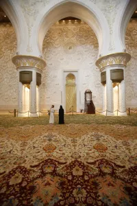 View From Behind Prints: The main prayer hall features the worlds largest hand-woven Persian carpet