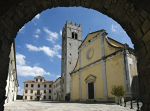 The main square with St. Stephen`s Church, Motovun, Istria, Croatia, Europe