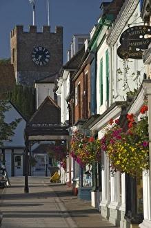 Hanging Baskets Prints: Main street and parish church tower, Alresford, Hampshire, England, United Kingdom