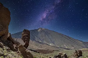 Majestic night sky with Milky Way over a serene mountain landscape in the Teide National Park, UNESCO World Heritage Site, Tenerife, Canary Islands, Spain, Atlantic, Europe