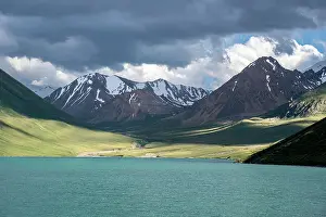 Green Hills Prints: Majestic Tianshan Mountains overlooking Kol Ukok Lake, Kyrgyzstan, Central Asia, Asia
