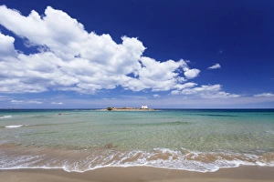 Iraklion Prints: Malia Beach, chapel on an island, Malia, Iraklion, Crete, Greek Islands, Greece, Europe