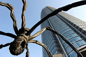 Tokyo Prints: Maman Spider sculpture by Louise Bourgeois with Roppongi Hills Mori Tower in Roppongi