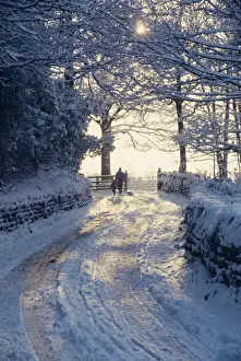 Season Prints: Man and child walking down a snow covered road in winter near Arthington