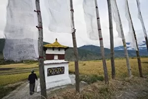 Images Dated 5th October 2009: A man circumambulating a stupa with prayer flags, Punakha, Bhutan, Asia