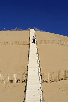 Man climbing steps leading up to Dunes du Pyla, Bay of Arcachon, Cote d'Argent Man climbing steps leading up to Dunes du Pyla, Bay of Arcachon, Cote d'Argent