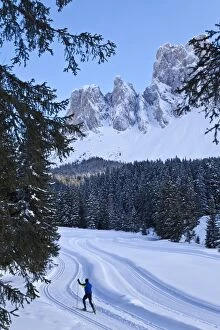 Man cross-country skiing, Puez Odle National Park, Dolomites, South Tirol