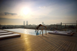 Fortune Prints: Man diving into rooftop pool, Barcelona, Catalonia, Spain, Europe