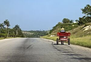 Man driving horse and cart on a wide deserted country road, Cuba, West Indies