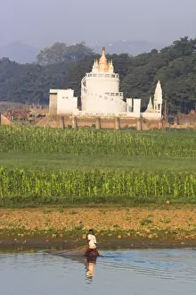 Amarapura Prints: Man fishing on Taugthaman Lake near Spiral temple and U Beins Bridge