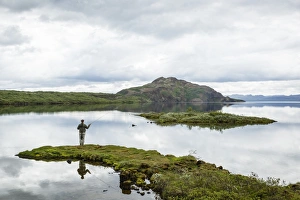 Adult Male Prints: Man fishing at Thingvallavatn lake