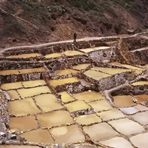 Images Dated 20th January 2009: Man looking at salt pans, Salineras de Maras, Sacred Valley, Cuzco Region