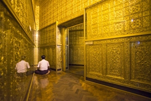 Rangoon Prints: Man praying at Botataung Pagoda, Yangon (Rangoon), Myanmar (Burma), Asia