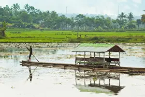 Raft Prints: Man punting bamboo raft on Situ Cangkuang lake at this village known for its temple