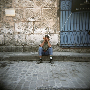 Fish Eye Lens Prints: Man sleeping, Plaza Viejo, Havana, Cuba, West Indies, Central America