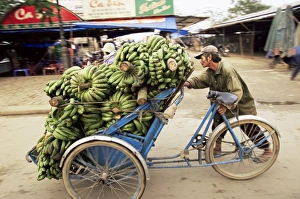 Pushing Prints: Man transporting bananas on cyclo