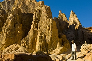 Images Dated 1st September 2008: Man walking through strange looking sandstone formations, Ankarafantsika National Park