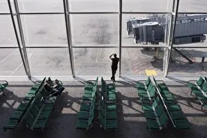 Traveler Prints: Man wan waiting at airport gate, Chek Lap Kok Airport, Hong Kong, China, Asia