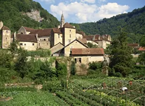 Franche Comte Prints: Man working in vegetable gardens below the village of Baume les Messieurs