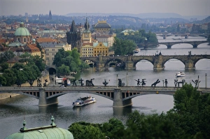 Vltava Prints: Manesuv Bridge with modern sculpture over the Vltava River, Prague, Czech Republic