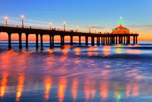 Pier Gallery: Manhattan Beach Pier at sunset, completed 1920, Roundhouse Marine Studies Lab and Aquarium