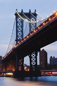 Manhattan Bridge spanning the East River at dusk, New York City, New York