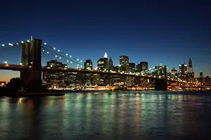 Manhattan Prints: Manhattan skyline and Brooklyn Bridge at dusk