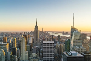 Manhattan skyline and Empire State Building, sunset, New York City, United States of America