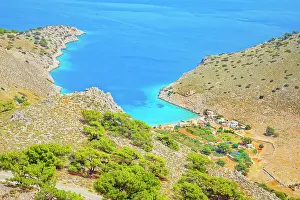 Dodecanese Prints: Marathounta beach, high angle view, Panormitis, Symi Island, Dodecanese Islands, Greece