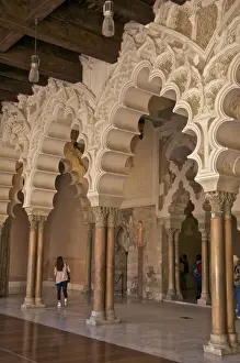 Aragon Prints: Marble columns and typical polylobe arches inside the Aljaferia palace dating from the 11th century