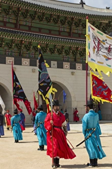 Typically Korean Prints: Marching with flags at Gwanghwamun gate, colourful Changing of the Guard Ceremony