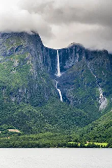 Waterfalls Prints: Mardalsfossen waterfall seen from Mardola river, Eikesdalen, Nesset municipality