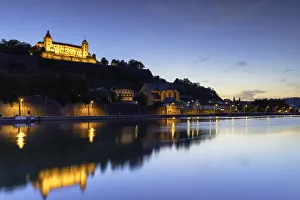 Wurzburg Prints: Marienberg Fortress and River Main at dusk, Wurzburg, Bavaria, Germany