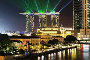 Light Beam Prints: Marina Bay Sands Hotel and Fullerton Hotel, Singapore, Southeast Asia, Asia