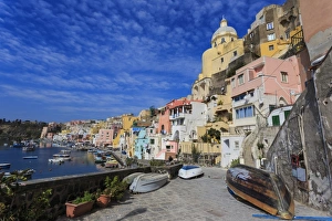 Upside Down Prints: Marina Corricella, pretty fishing village, colourful fishermens houses, boats and church