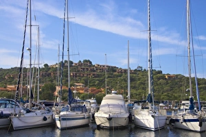 Marina and perched village, Ottiolu harbour, Costa Degli Oleandri, Sardinia, Italy