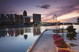 Promenade Prints: Marina Promenade at sunrise with Singapore Flyer, Singapore, Southeast Asia, Asia
