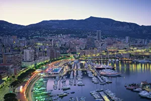 The marina, waterfront and town of Monte Carlo in the evening, Monaco, Mediterranean