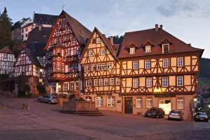 Franconia Prints: Market Square with half-timbered houses and Mildenburg Castle, old town of Miltenberg