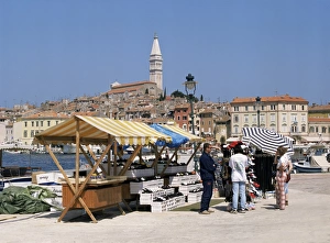 Rovinj Prints: Market stalls on the quayside, Rovinj, Croatia, Europe
