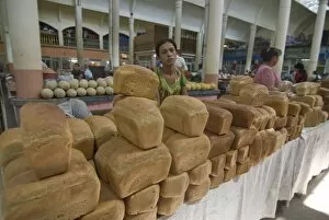 Market stand with bread at Central bazaar, Khojand, Tajikistan, Central Asia