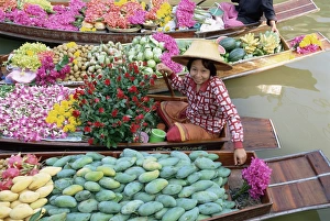 Trading Prints: Market trader in boat selling flowers and fruit